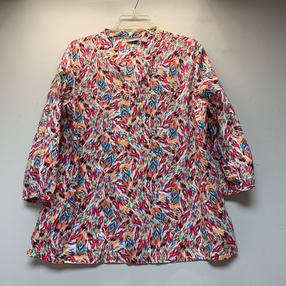 Chico's Tunic Top Womens 3 Multicolor Excellent Cotton Ikat Abstract 3/4 Sleeve
